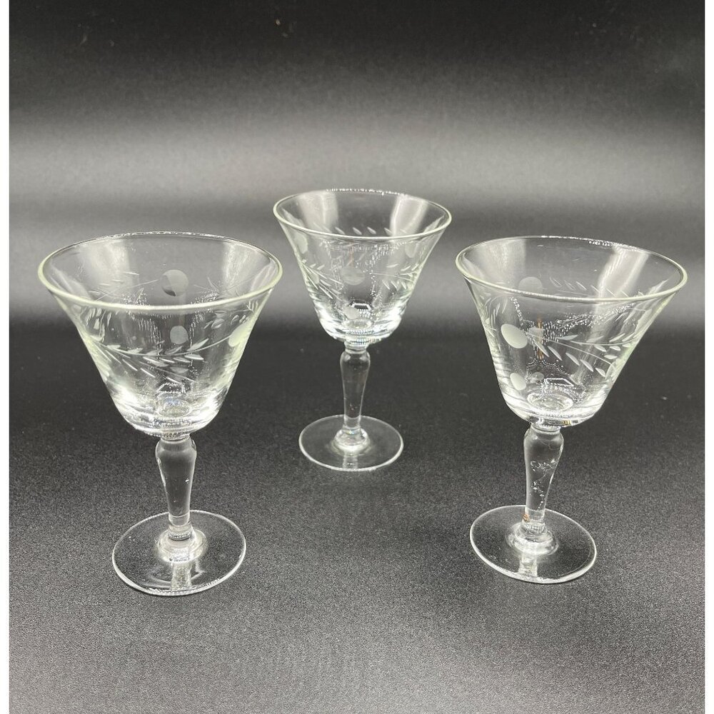 3 Willow Moon Claret Wine Glasses Stemmed Clear Etched